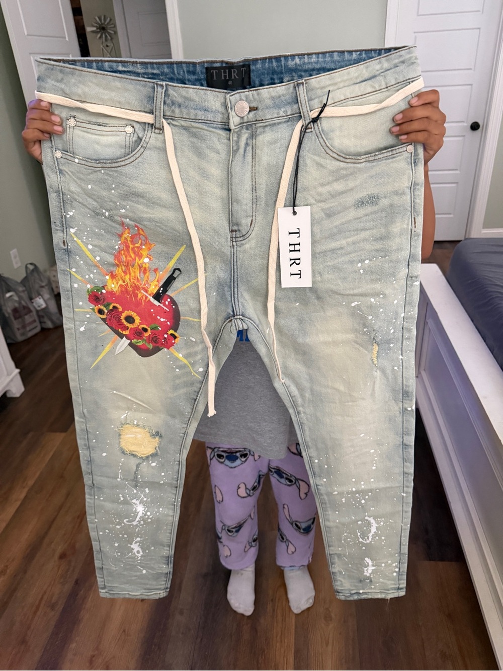 THRT-  Light Wash Relaxed Jeans with Red & Yellow Heart Flame Graphic